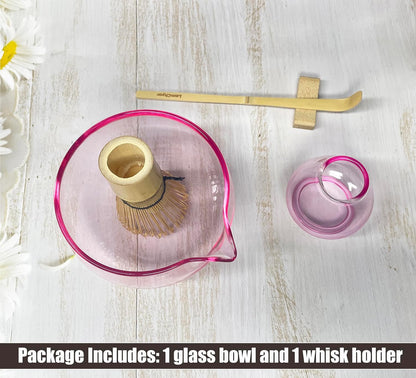 Matcha Bowl with Spout, Matcha Whisk Holder, Glass Matcha Bowl and Whisk Holder Set, Exquisite Matcha Set for Tea Ceremony(Pink)
