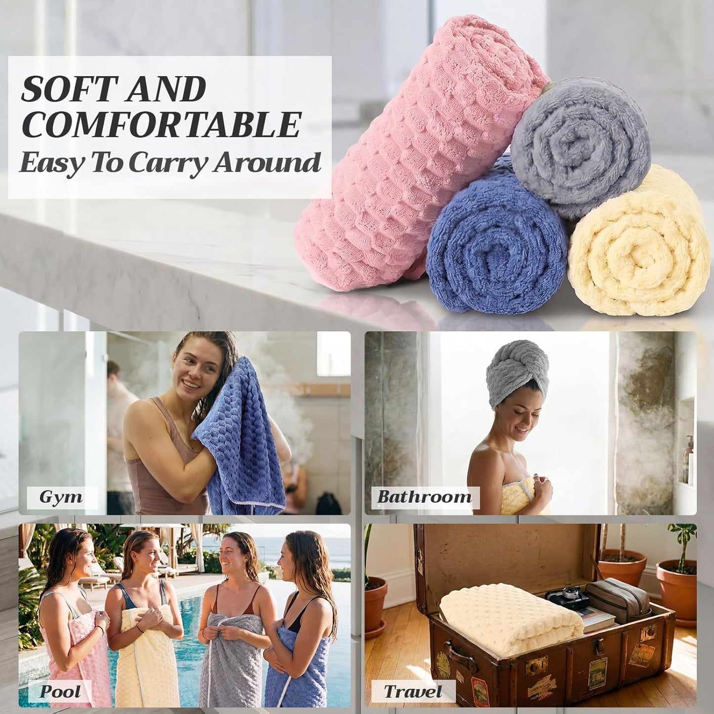 Peryiter 4 Pcs Microfiber Bath Towels 27.6'' x 55'' Large Colorful Sheet Set with Hang Loop Soft Absorbent Quick Dry Plush Fluffy Bathroom Towel for Adults Dorm Spa Gym(Pink, Yellow, Light Gray, Blue)
