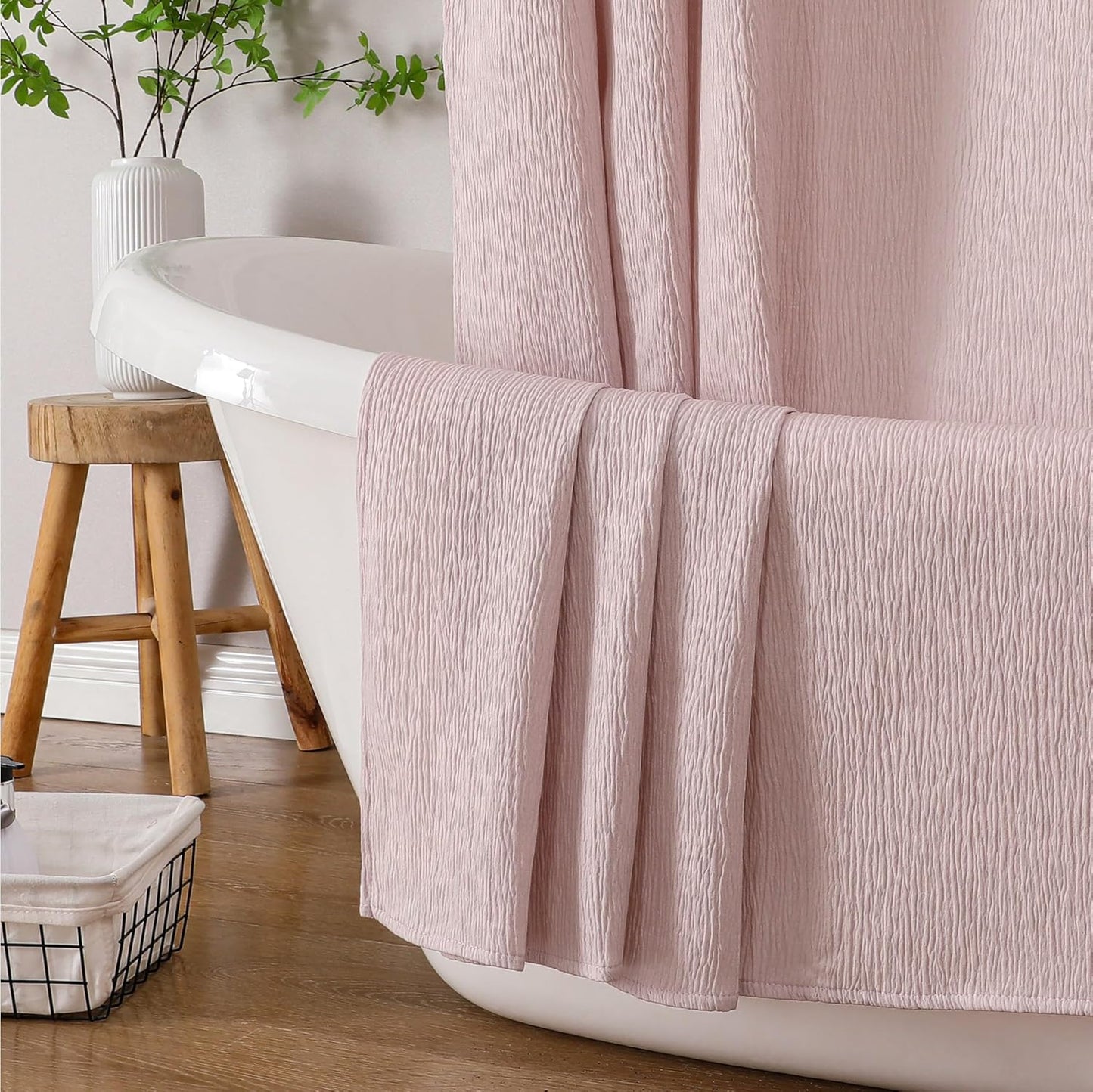 OVZME Blush Pink Boho Shower Curtain 72 Inch Long for Bathroom, Heavy Weighted Textured Crinkle Fabric Shower Curtains with Embroidery Cutwork, Machine Washable Elegant Luxury Bath Curtain, 72Wx72L