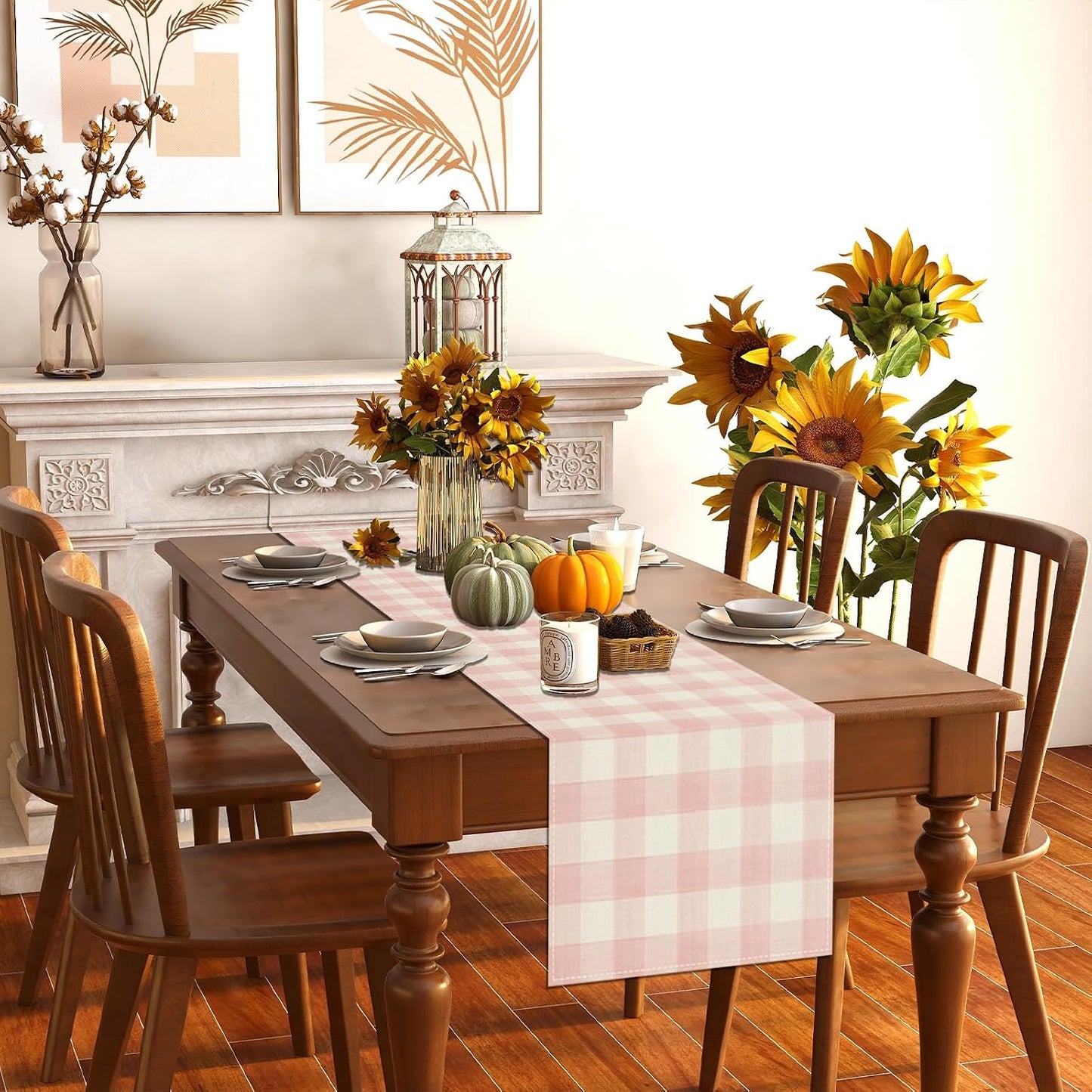 Watercolor Pink White Buffalo Check Plaid Table Runner Gingham Tablecloth Farmhouse Spring Summer Easter Home Kitchen Table Decorations-13×72''(Pink and White)