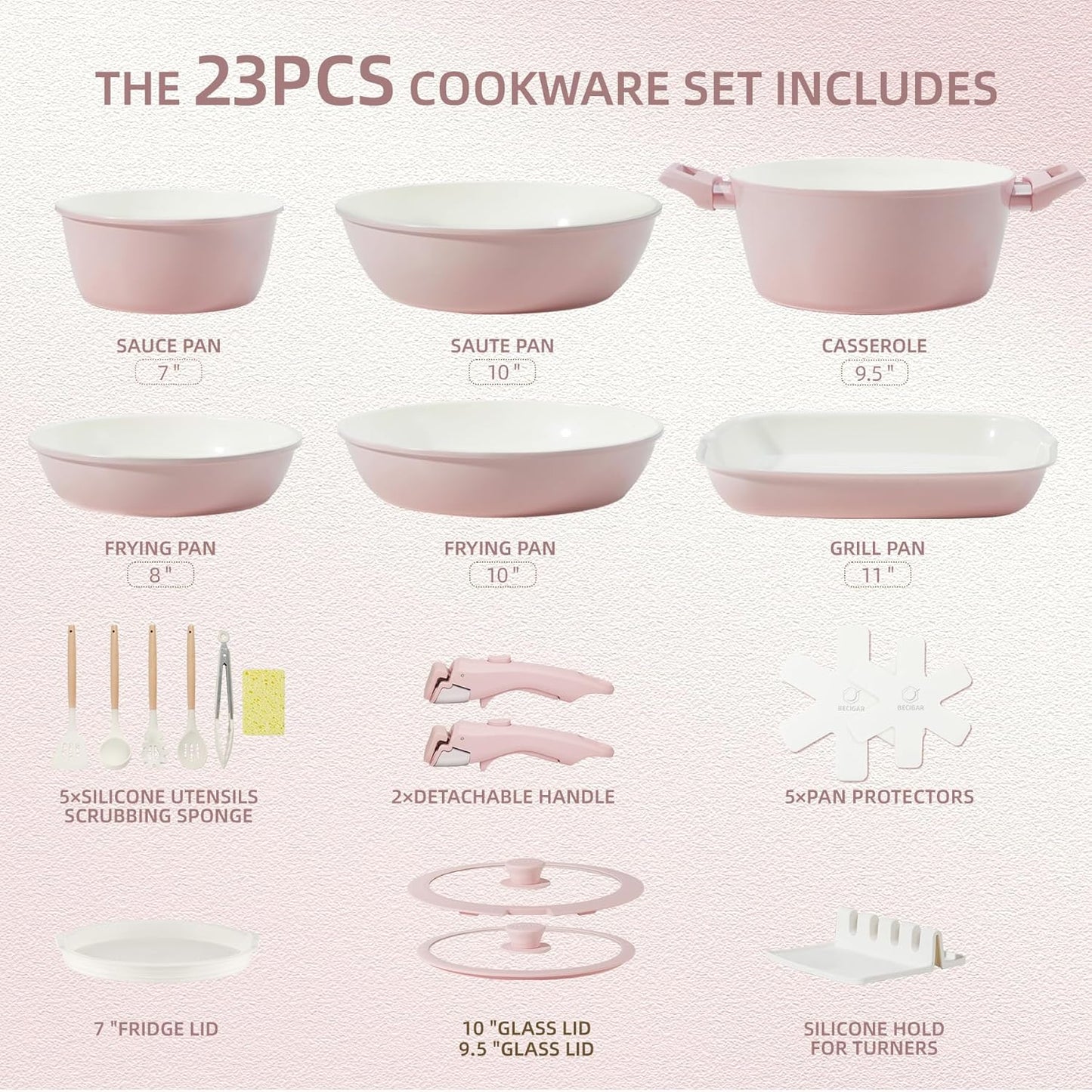 BECIGAR 23pcs Ceramic Pots and Pans Set, Nonstick Detachable Handle Cookware, Induction Kitchen Cooking Set with Removable Handle,include Frying Pans & Saucepans Oven Safe(Pink)
