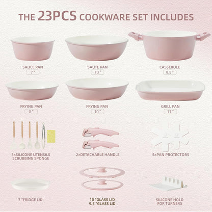 BECIGAR 23pcs Ceramic Pots and Pans Set, Nonstick Detachable Handle Cookware, Induction Kitchen Cooking Set with Removable Handle,include Frying Pans & Saucepans Oven Safe(Pink)
