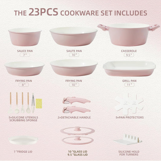 BECIGAR 23pcs Ceramic Pots and Pans Set, Nonstick Detachable Handle Cookware, Induction Kitchen Cooking Set with Removable Handle,include Frying Pans & Saucepans Oven Safe(Pink)