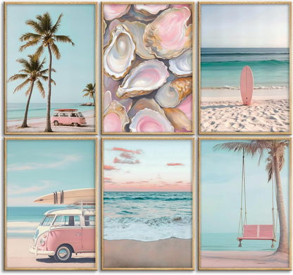 6Pcs Pink Coastal Beachy Wall Art Coastal Granddaughter Ocean Preppy Room Wall Decor Beach Aesthetic Paintings Pictures Posters Prints Artwork for Teen Girls Dorm Home Decoration(8x10 in Poster)