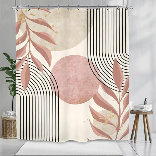 Abstract Pink Modern Shower Curtain 60Wx72L Inch Minimalist Geometric Contemporary Neutral Aesthetic Plant Leaves Mid Centry Bathroom Set Accessories Decor with 12 Pack Hooks