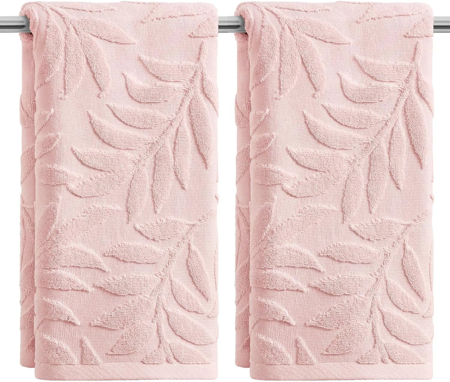 Artoid Mode 2 Pcs Pink 3D Leaves Jacquard Hand Towels for Bathroom, 100% Cotton Soft Absorbent Bathroom Decor Towels, 13.7 x 29.5 Inch