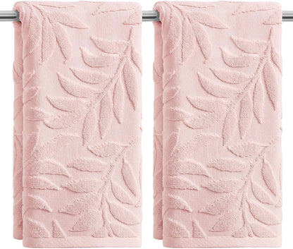 Artoid Mode 2 Pcs Pink 3D Leaves Jacquard Hand Towels for Bathroom, 100% Cotton Soft Absorbent Bathroom Decor Towels, 13.7 x 29.5 Inch
