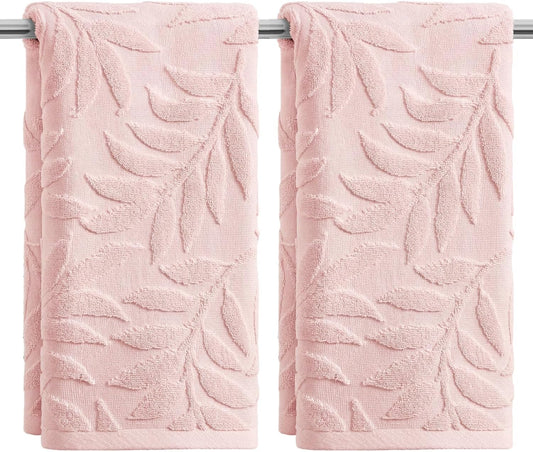 Artoid Mode 2 Pcs Pink 3D Leaves Jacquard Hand Towels for Bathroom, 100% Cotton Soft Absorbent Bathroom Decor Towels, 13.7 x 29.5 Inch