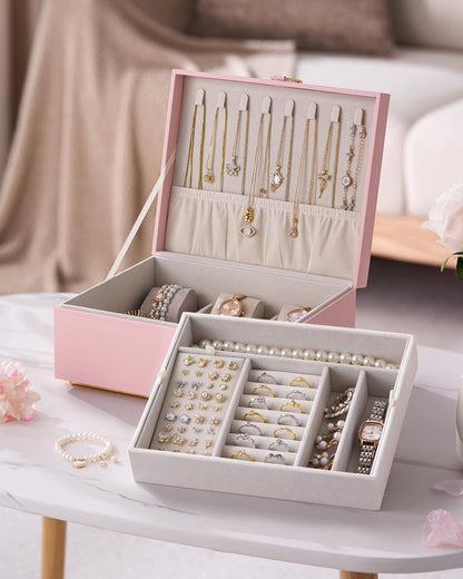 pickpiff 2 Layer Jewelry Box Organizer for Women, Jewelry Organizer with Handle & Removable Tray, Necklace Holder Ring Earring Storage, Velvet Lined Jewelry Case for Home or Travel, Gift Ready, Pink