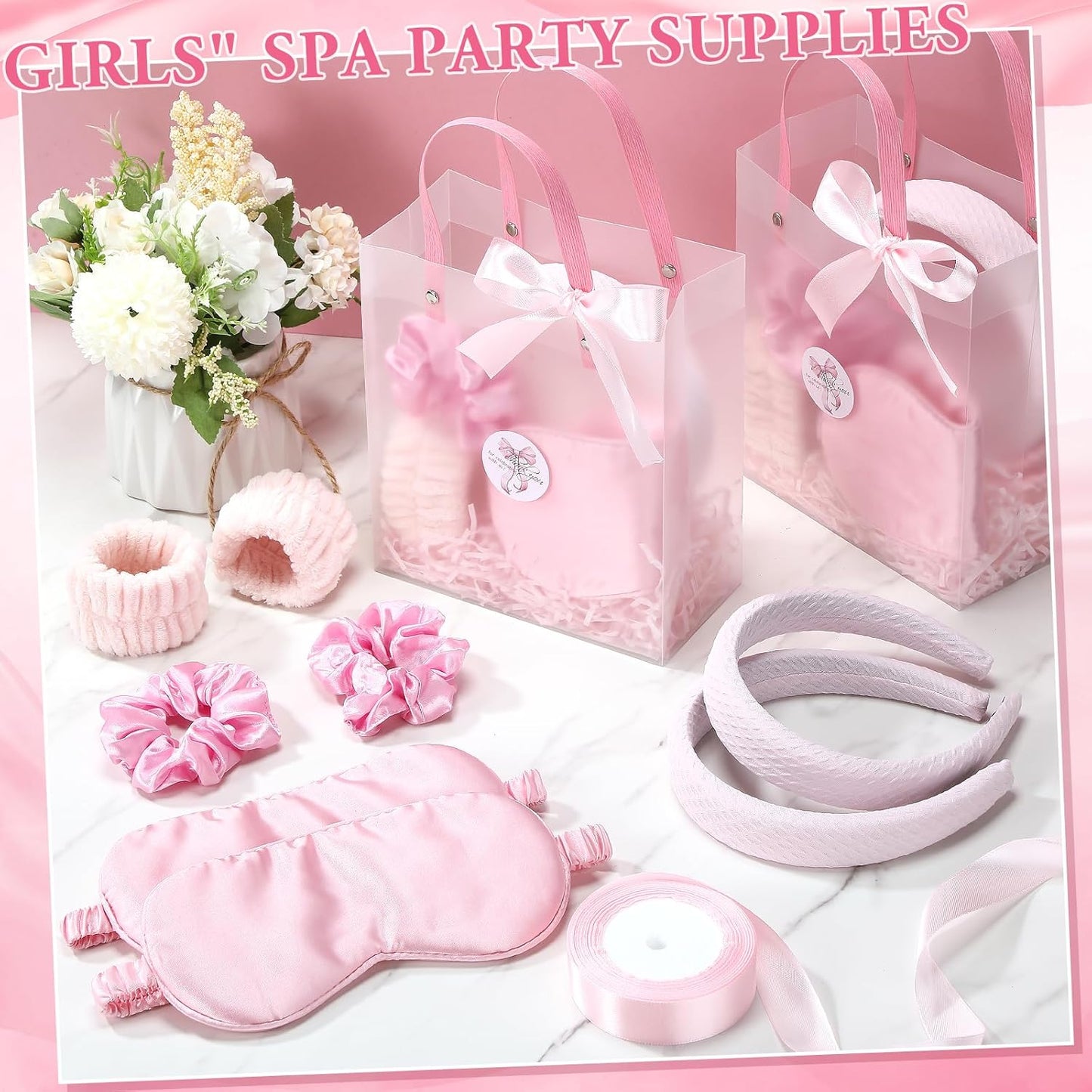 Suncalla 52 Pcs Spa Sleepover Party Supplies 8 Pink Spa Sponge Headbands, 16 Wristbands, 8 Eye Mask, 8 Ribbon Scrunchies, 8 Transparent Bag, 2 Thank You Stickers, Pink Ribbon, Raffia for Women Pajama