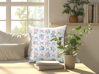 Coquette Blue Bow Floral Pillow Cover 18x18, Preppy Room Decor, Grandmillennial Pink Ribbon Trellis Flower Decorative Throw Pillow Cover Case for Girls Bedroom Dorm Home