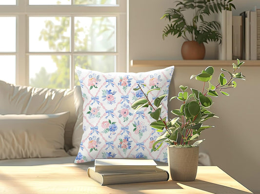 Coquette Blue Bow Floral Pillow Cover 18x18, Preppy Room Decor, Grandmillennial Pink Ribbon Trellis Flower Decorative Throw Pillow Cover Case for Girls Bedroom Dorm Home