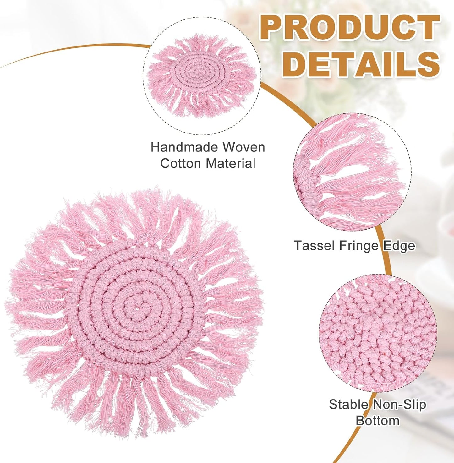 uxcell 2Pcs Boho Coasters, Round Handmade Woven Absorbent Coasters with Tassel Farmhouse Cup Mat Table Protection for Coffee Drink Mug Home Office Decor Housewarming Gift, Pink