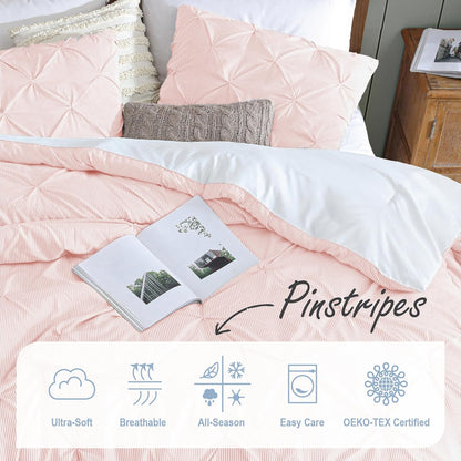 Swift Home Full/Queen Pinstripe Peach Pink Comforter Set - Classic Pintuck Bedding Set - 3 Pieces Bed Linen, 1 Comforter and 2 Pillow Shams