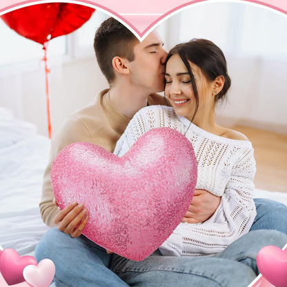 Yookeer Glitter Sequins Heart Shaped Pillow 14'' x 12' Decorative Sparkling Throw Pillows Solid Soft Shiny Cushion for Women Girls Wedding Anniversary Bed Couch Decor(Pink)