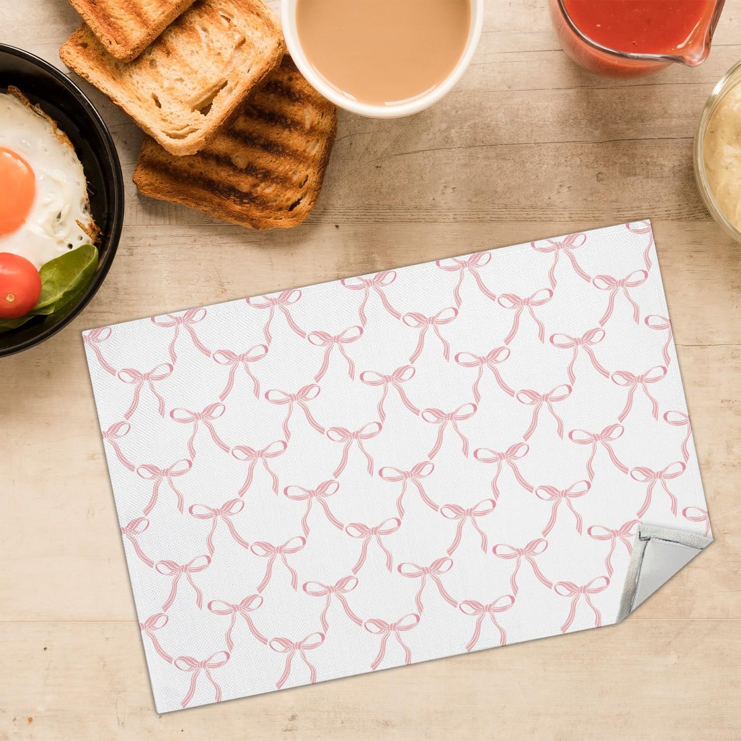 Pink Bow Placemats Set of 4, 12x18 Inch Waterproof Washable Heat Resistant Place Mats, Table Placemats for Dining Restaurant Farmhouse Decoration, Indoor Outdoor Table Decor -rc12