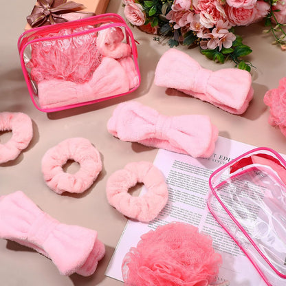 Moucuny 24 Pieces Spa Sleepover Party Supplies 6 Pink Spa Headband 6 Shower Loofahs 6 Pink Velvet Scrunchies 6 Cosmetic Bags for Slumber Sleepover Birthday Party Favors Gift