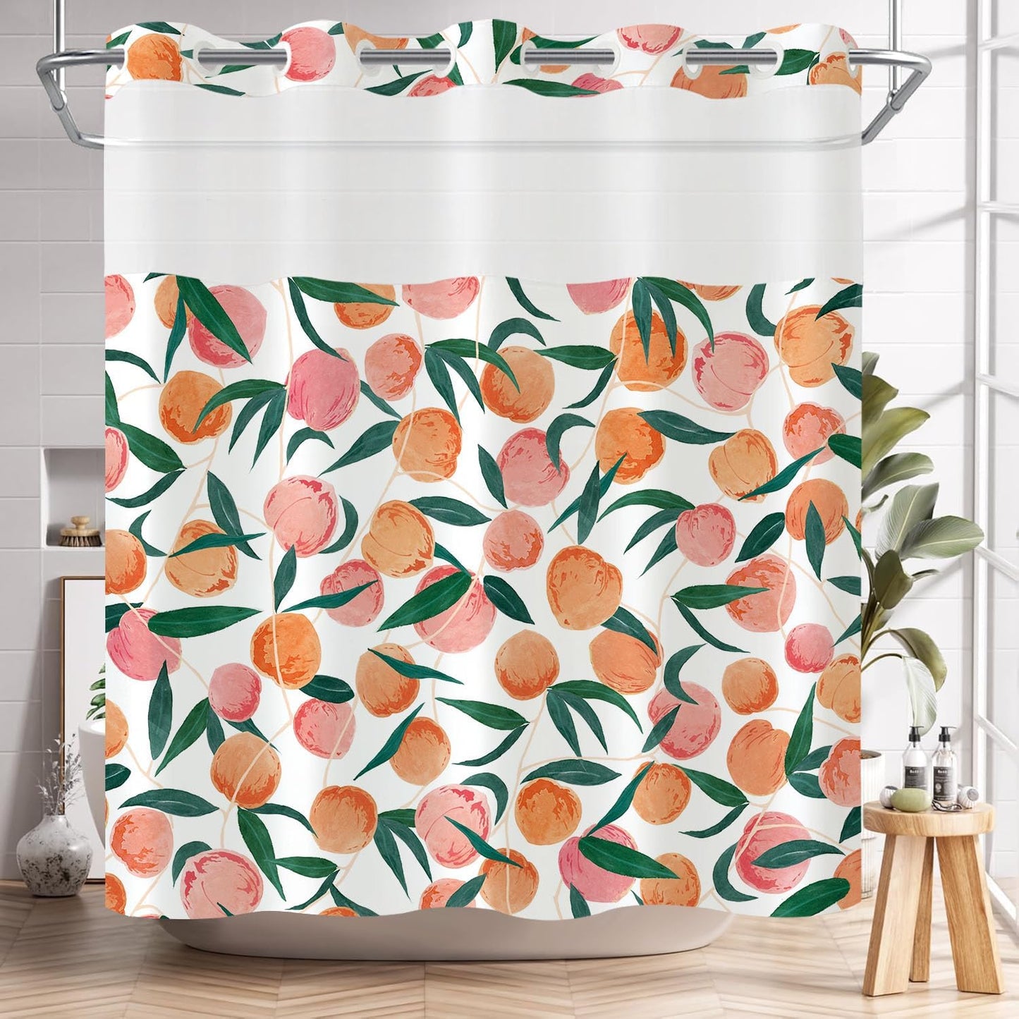 Lifeel No Hook Shower Curtain with Snap in Liner, Peach Allover Fruits Cute Curtains Set with Waterproof Inner Liner for Bathroom, Peachy Pink 72×74 Inches