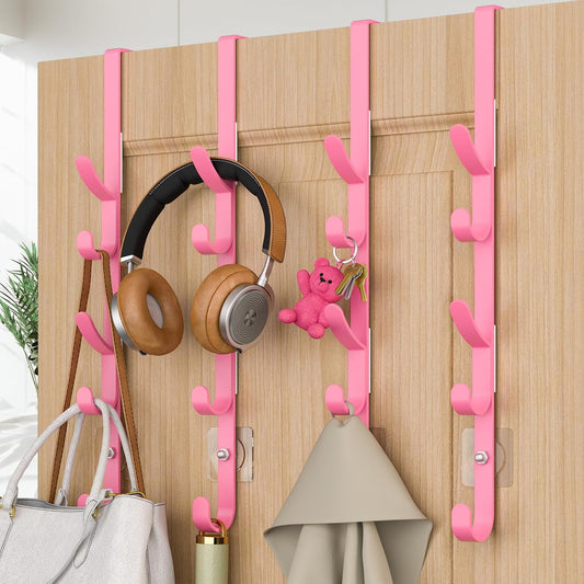 Kaiferty Over the Door Hooks, Metal Door Hooks for Hanging, Over the Door Purse Organizer for Coat Hanger, Back of Shower Door for Hanging Towel Rack Clothes, Hat, Bathroom, Closet (Pink-4Packs)