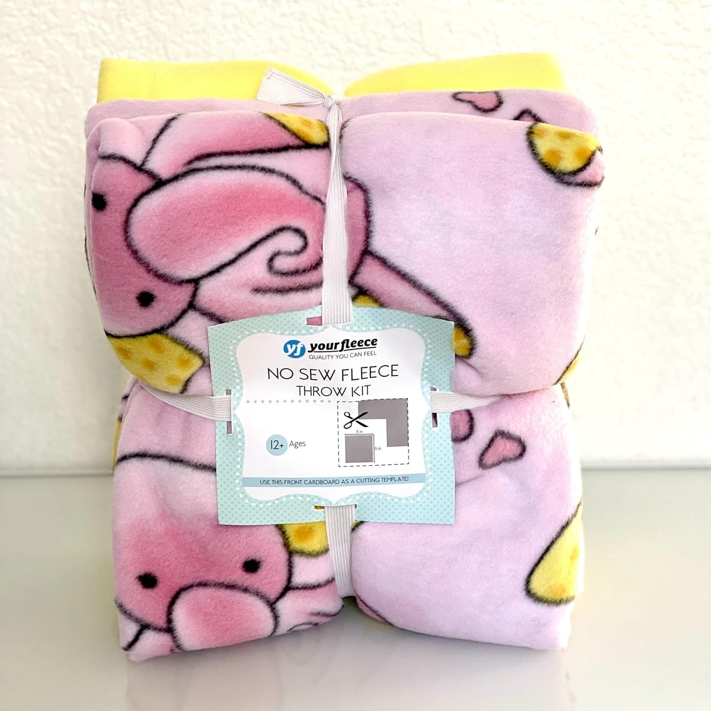 YourFleece Elephants No-Sew Throw Fleece Fabric DIY Blanket Making Kit, Make Your Own, Anti-Pill, Pink, 50x60 inches