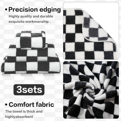 Peryiter 3 Pcs Bath Towels Set Black and White Checkerboard Coral Fleece Bathroom Towel Lightweight Soft Quick Dry Wash Cloth for Home Gym Spa Beach Accessories