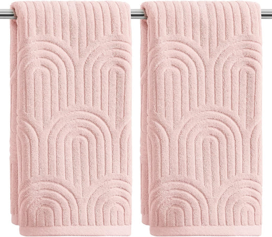 Artoid Mode 2 Pcs Pink 3D Arched Stripes Jacquard Hand Towels for Bathroom, 100% Cotton Soft Absorbent Bathroom Decor Towels, 13.7 x 29.5 Inch