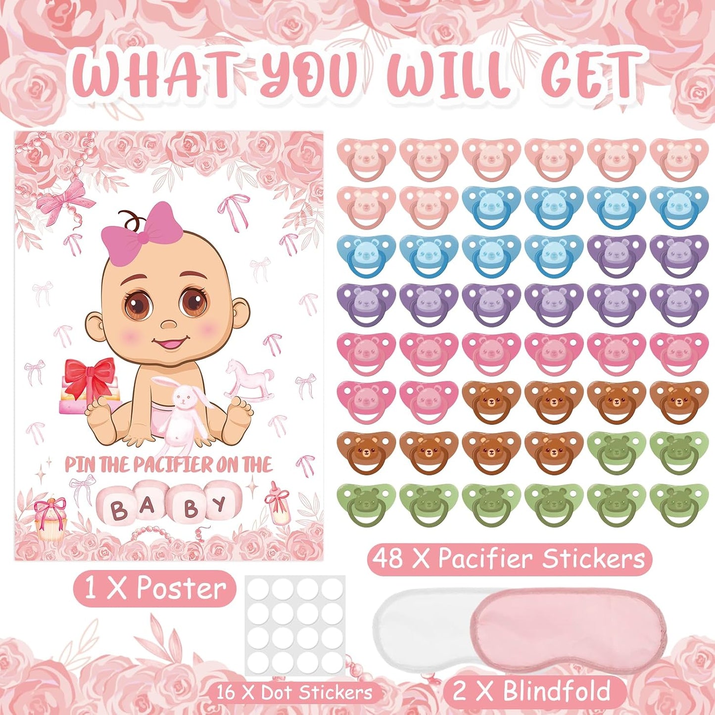 Pin The Pacifier On The Baby Party Games, Pink Baby Shower Decoration Bow Party Decorations with Large Poster 48 Pacifier Stickers Game for Baby Shower Party Bow Coquette Birthday Decorations