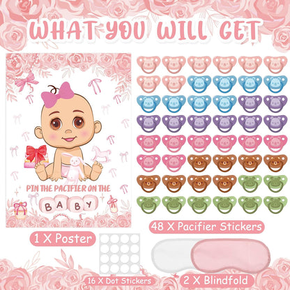 Pin The Pacifier On The Baby Party Games, Pink Baby Shower Decoration Bow Party Decorations with Large Poster 48 Pacifier Stickers Game for Baby Shower Party Bow Coquette Birthday Decorations