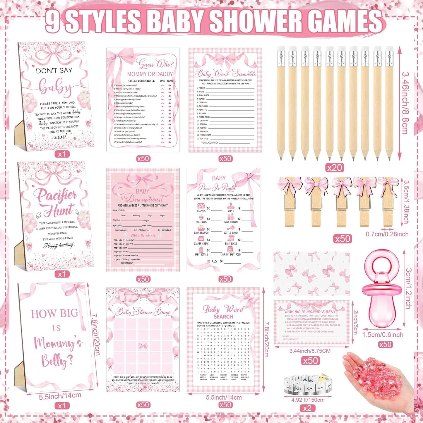 Sherr 476 Pink Bow Coquette Baby Shower Games 6 Sets Activities Card Pacifier Hunt Game 50 Pacifier How Big Is Mommy's Belly Sign 50 Guessing Card 2 Measuring Tape Don't Say Baby Sign 50 Clothespin