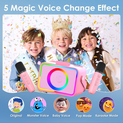 Karaoke Machine,Portable Bluetooth Speaker with 2 Wireless Microphone for Adults & Kids with LED Lights, Karaoke Microphone with PA System Supports USB/TF/AUX,Gift for Party (Pink)