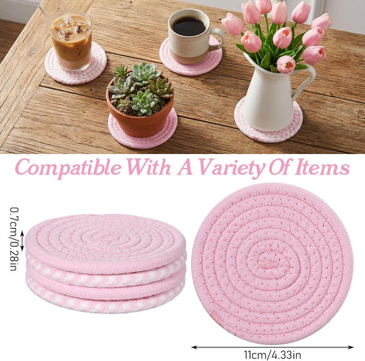 4Pcs Pink Coaster, Cotton Pink Coasters for Desk, 4.3 in Coasters Cute, Absorbent Handmade Woven Coaster for Drinks Apartment Essentials, for Mom from Daughter