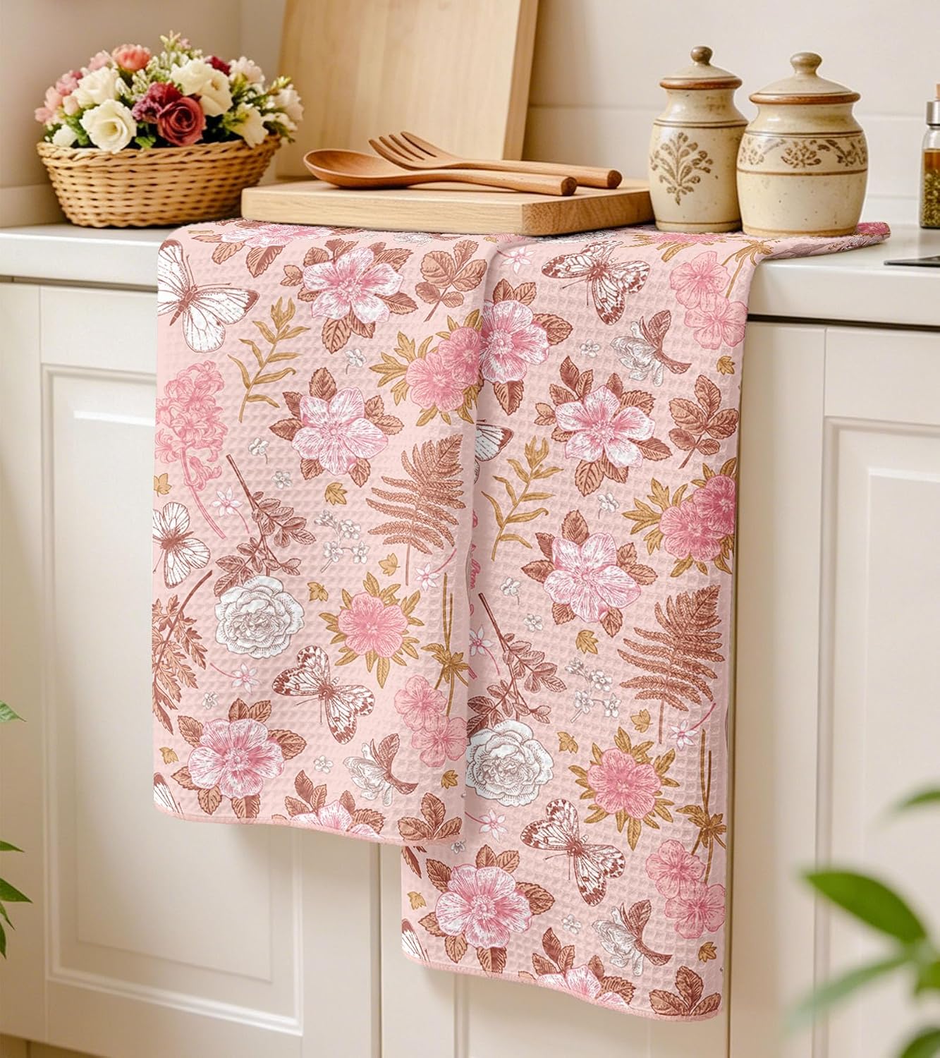 Waffle Kitchen Towels - 2pcs Waffle Weave Dish Cloths Set with Hanging Loop Microfiber Drying Hand Tea Towels Decorative Absorbent Cute Design 16x26 Inch for Housewarming Gift, Pink Flower