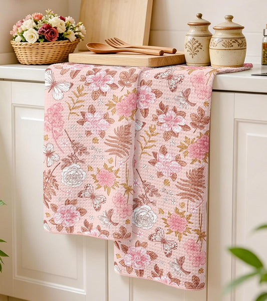 Waffle Kitchen Towels - 2pcs Waffle Weave Dish Cloths Set with Hanging Loop Microfiber Drying Hand Tea Towels Decorative Absorbent Cute Design 16x26 Inch for Housewarming Gift, Pink Flower