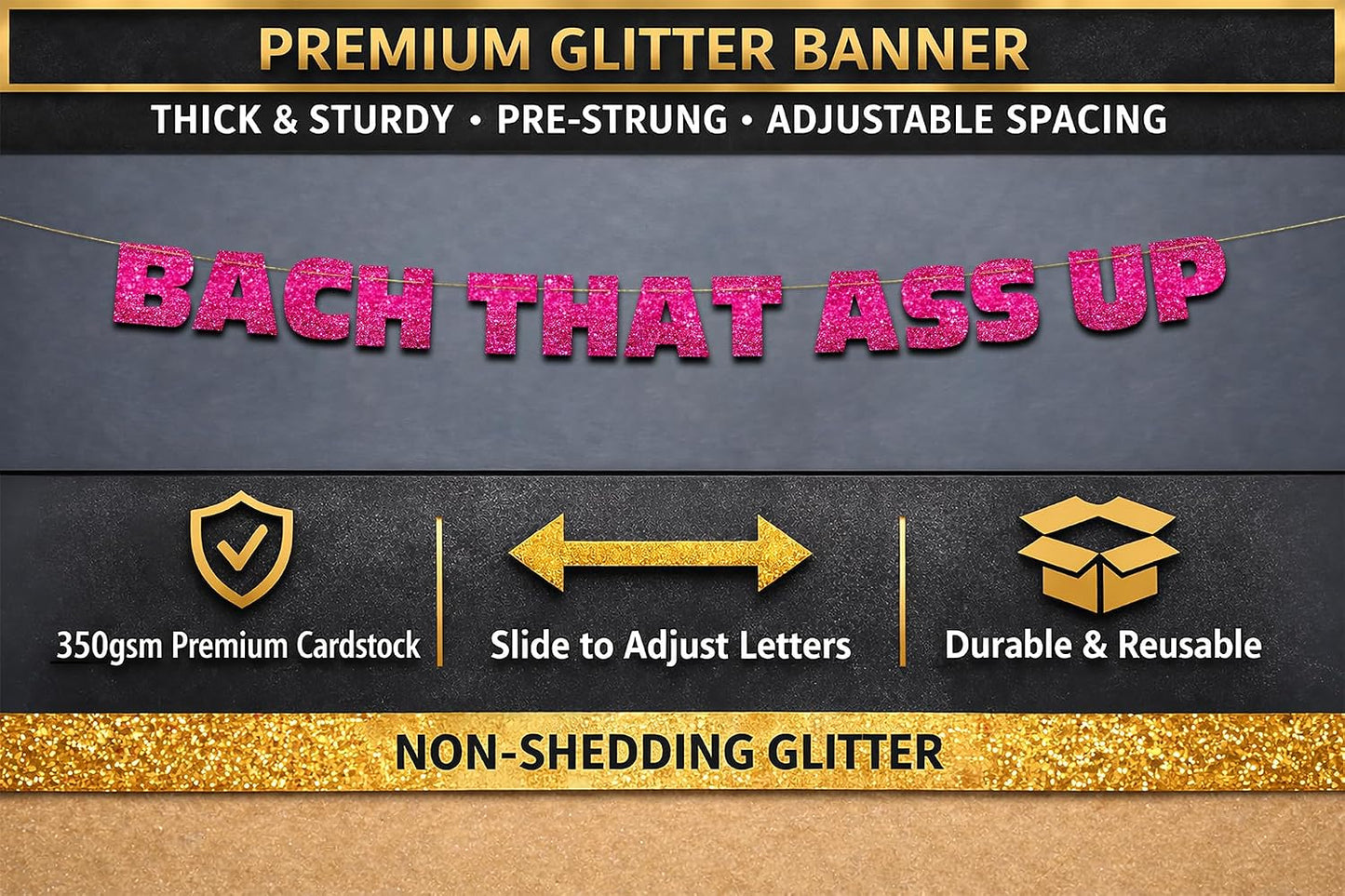 Pre-Strung Bachelorette Pink Glitter Banner - Bachelorette Party Decorations for Her - Party Supplies, Favors and Gifts