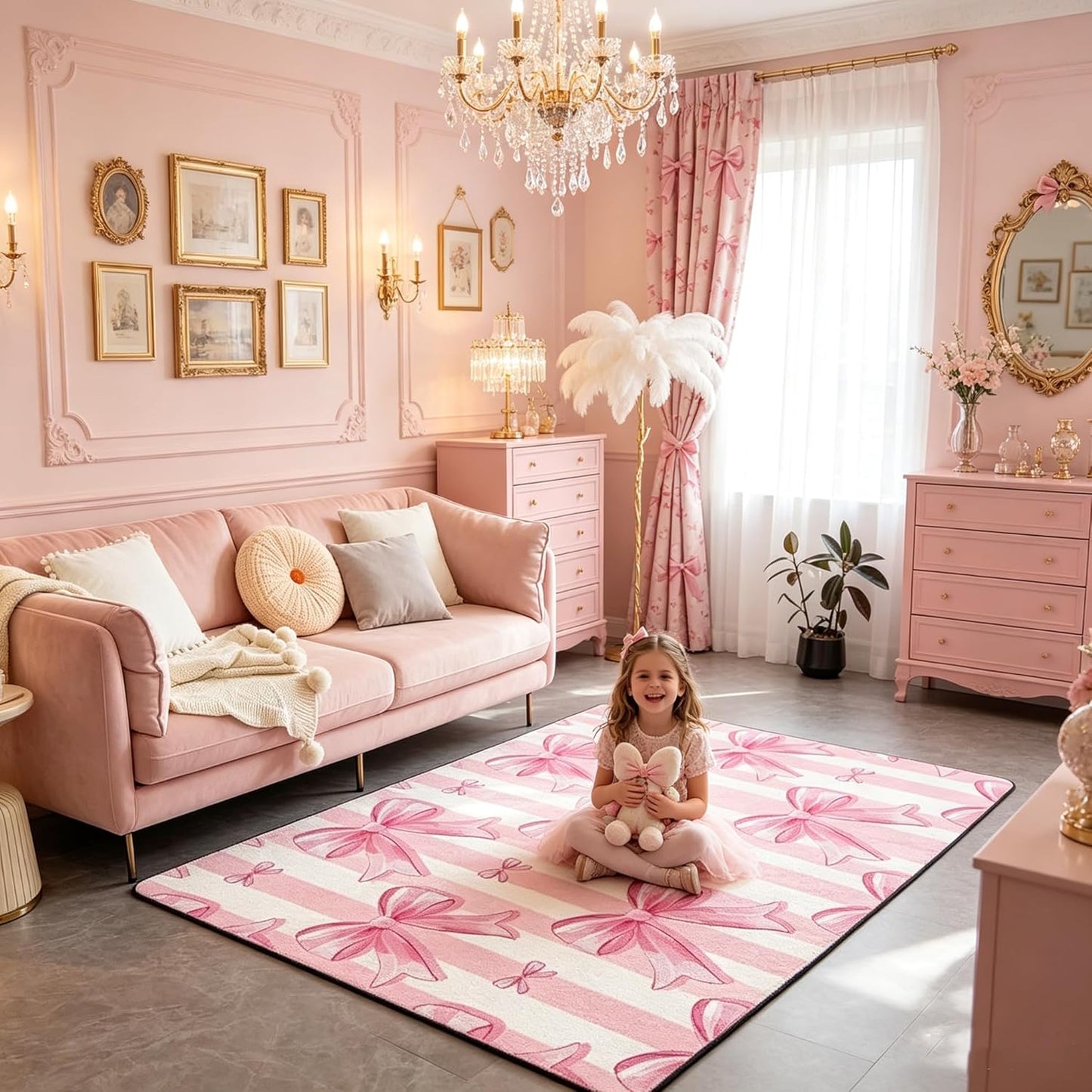 Feelyou Coquette Pink Bow Area Rugs for Bedroom Girls,3x5 Area Rugs for Living Room, Non Slip Bow Washable Rug for Kids Playroom Dining Room College Dorm Pink Bowknot Carpet