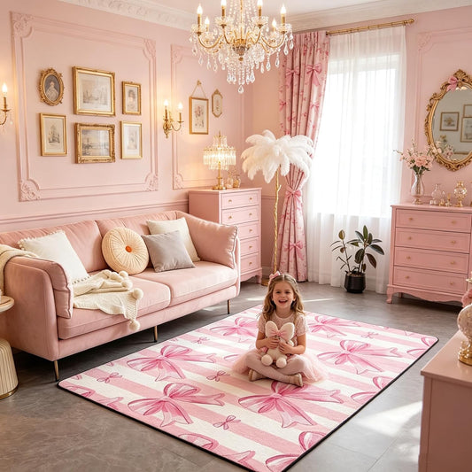 Feelyou Coquette Pink Bow Area Rugs for Bedroom Girls,3x5 Area Rugs for Living Room, Non Slip Bow Washable Rug for Kids Playroom Dining Room College Dorm Pink Bowknot Carpet