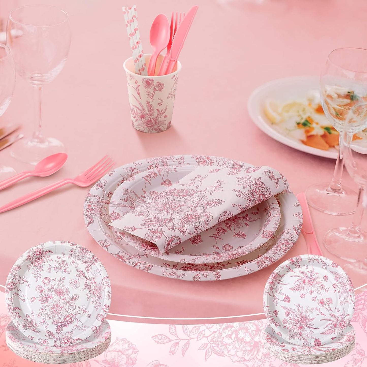 Yungyan 218 Pcs Pink Floral Plates and Napkins Pink and White Party Tableware Set Disposable Wildflower Paper Plates and Napkins Cups Tea Party Supplies for Wedding Bridal Shower Birthday Baby Shower