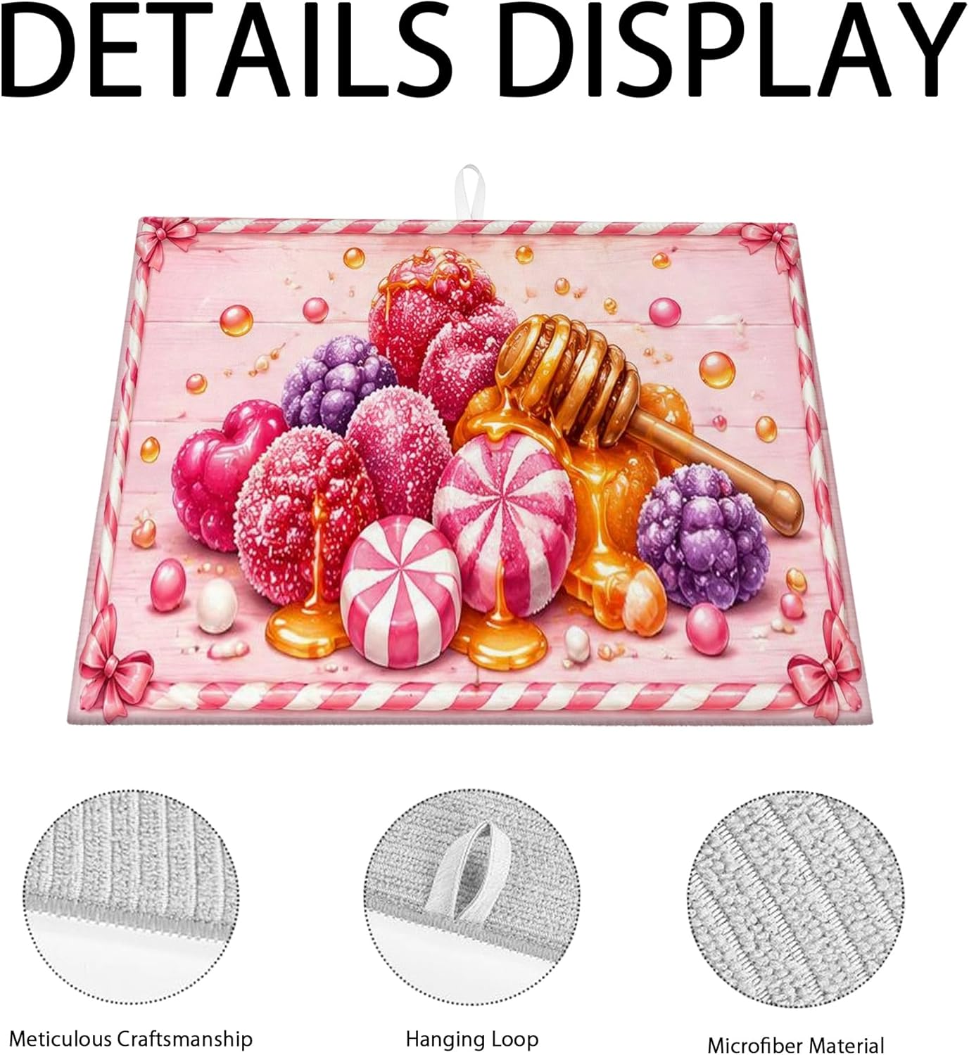 Candy Dish Drying Mats for Kitchen Counter, Peach Sweet Treats Absorbent Dish Drainer Rack Mat, Fun Playful Microfiber Drying Pad for Coffee Bar 16x18 Inch