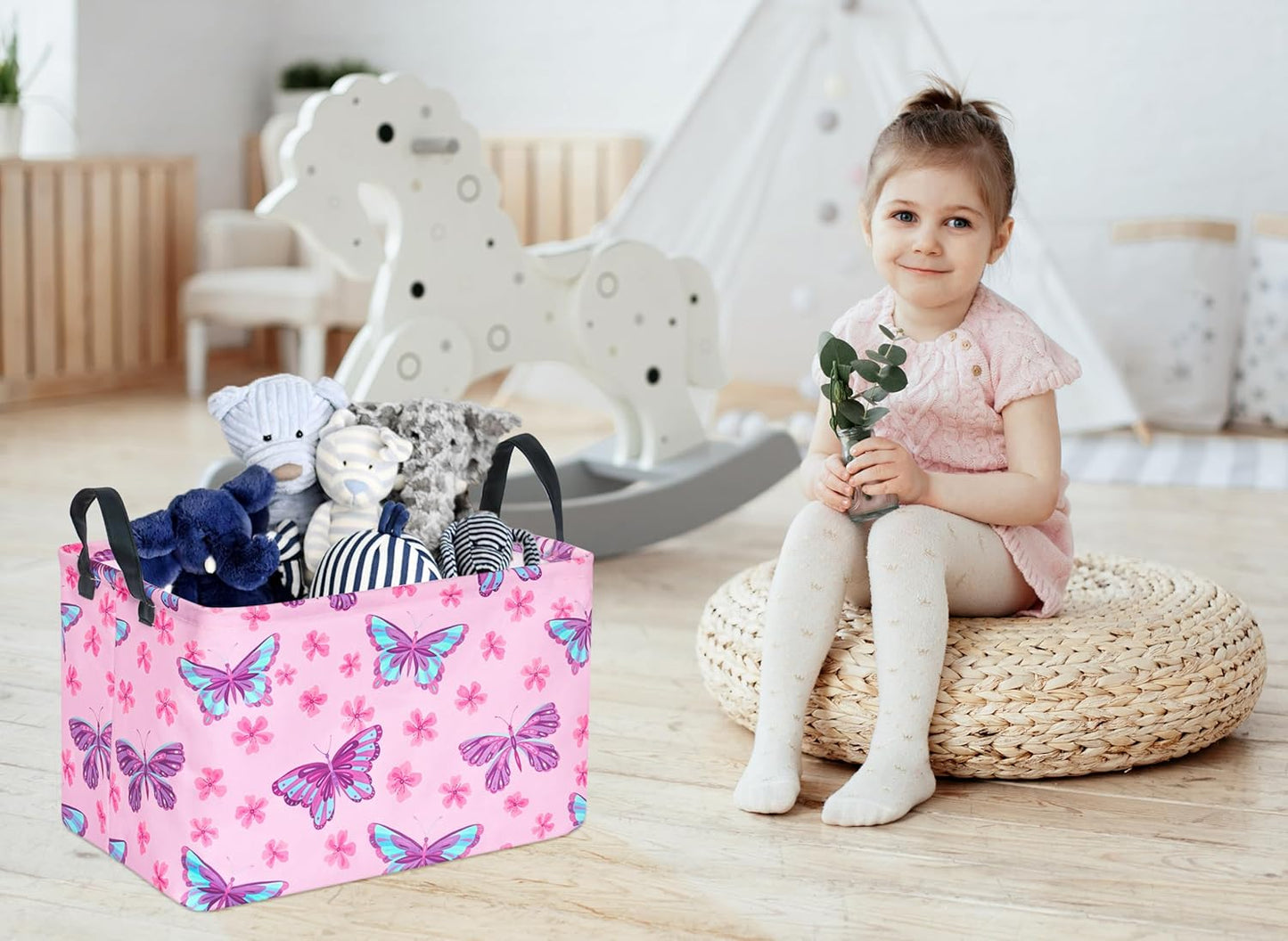 Pink Butterfly Storage Basket Gift Laundry Bins Collapsible Storage Baskets Box Laundry Nursery Hamper for Home and Office Decoration with Handles