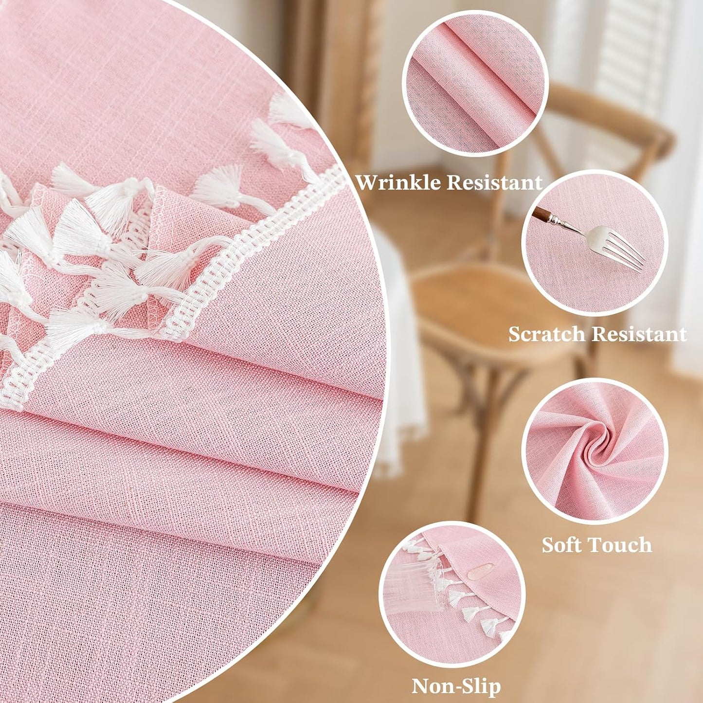 Alsoo Pink Tablecloth Round Table 55" x 55" Linen Look Texture Cotton Tablecloth Waterproof Wrinkle Free Heavy Duty Tables Cover with Tassel for Kitchen Dining Holiday Party