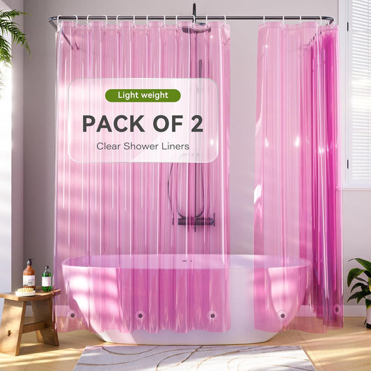 Pink Shower Curtain Liner 72x72, 2 Pack Lightweight Waterproof PEVA Plastic Transparent Shower Curtain for Bathroom with 3 Strong Magnets and 12 Rustproof Grommets