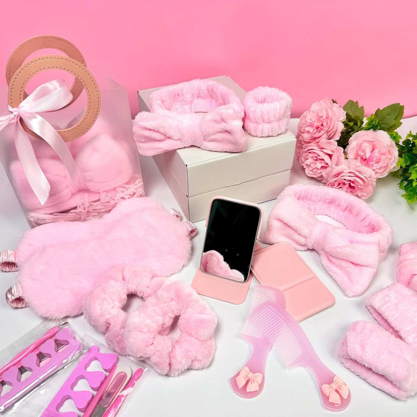 92 Pcs Pink Spa Sleepover Party Supplies for Girls, Include Skincare Headband Set Scrunchie Eye Mask, Mirror Hair, Comb, Nail Care Gift Bags for Spa Slumber Birthday Party Favors Supplies