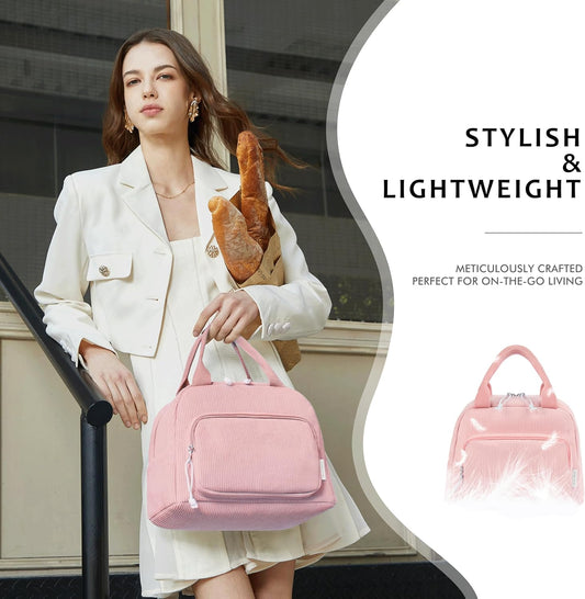 HOMESPON Lunch Bag for Women Men Adults with Front Pocket Cute Corduroy Insulated Lunch Tote Large Capacity Lunch Box Cooler Container for Work Picnic or Travel (Pink)