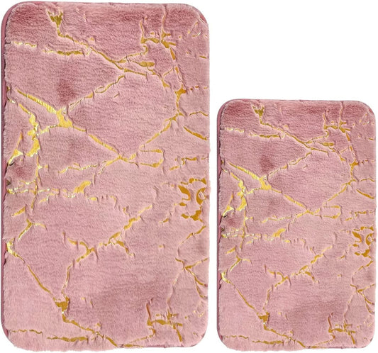 Set of 2 Marble Bathroom Rugs Nonslip Pink Bathroom Mats Ultra Soft Washable Bath Mats for Bathroom Floor Mats Carpet Water Absorbent Shower Rug Decoration for Kitchen Bedroom Living Room