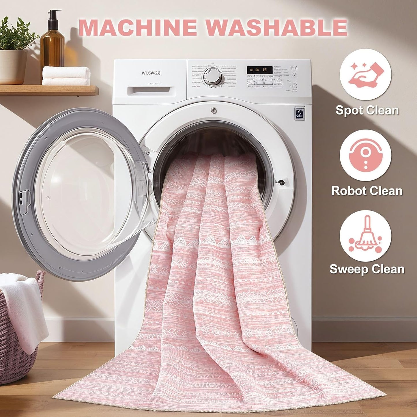 Nakagishi Pink Rugs for Bedroom Girls: 5x7 Washable Boho Large Neutral Area Rug Cute Soft Modern Indoor Floor Non Slip Accent Carpet for Living Room Nursery Kids Playroom Dorm Preppy Baby Room Decor