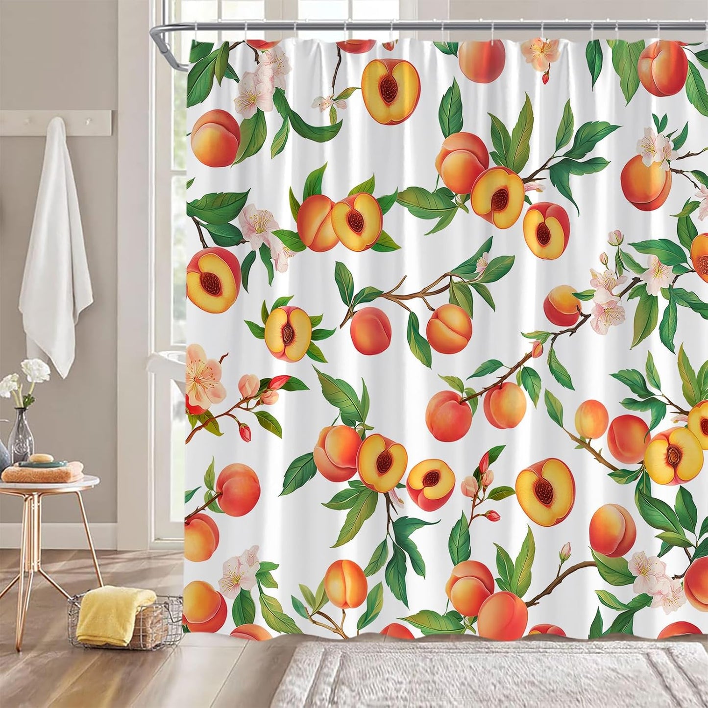 Peach Shower Curtain Fruits Cute Bright Colorful Green Leaves Cartoon,White 70" W x 70" H Fabric Bathroom Decor Curtain with Hooks