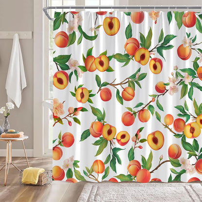 Peach Shower Curtain Fruits Cute Bright Colorful Green Leaves Cartoon,White 70" W x 70" H Fabric Bathroom Decor Curtain with Hooks