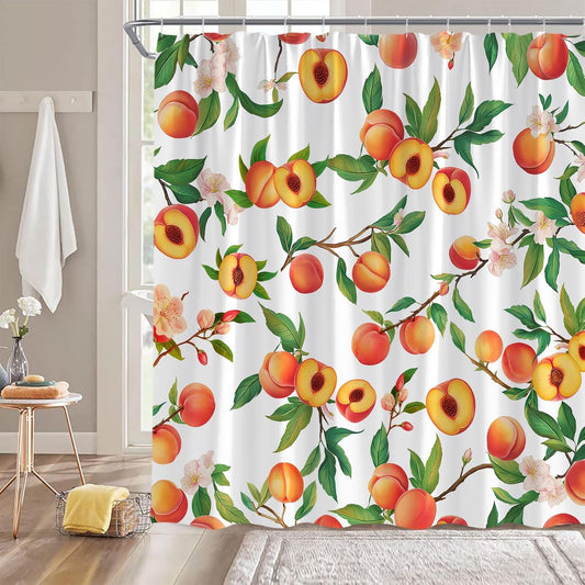 Peach Shower Curtain Fruits Cute Bright Colorful Green Leaves Cartoon,White 70" W x 70" H Fabric Bathroom Decor Curtain with Hooks