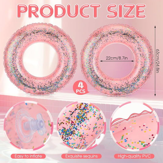 10 Pcs Pink Inflatable Pool Floats Tube Beach Balls Set Glitter Swim Rings Bachelorette Party Pools Floats Confetti Pool Ball for Adult Summer Favors (Air Pump Not Included)