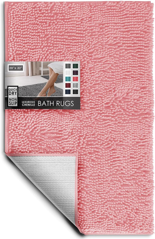 Hearth & Harbor Bathroom Rugs, Chenille Bath Mat - Machine Washable Bath Mats for Bathroom Non-Slip Backing Rubber, Quick Dry Bathroom Mat, 20 x 32 - Pink